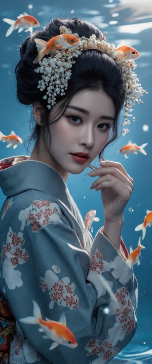 Photo, realistic, light refraction, llngsh AND 1920s geisha, face, brunette, kimono goldfish look like they are swimming in the air, deep blue and light blue gradation, very beautiful, cool feeling piece,  