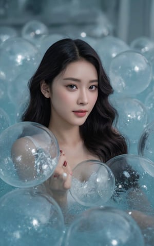 A stunning female model with an enhanced bust size poses provocatively amidst a whimsical setting, surrounded by ethereal water orbs that seem to defy gravity. Soft focus and gentle lighting envelop her refined facial structure and luscious locks, drawing attention to her captivating gaze. The shimmering, translucent spheres create an air of enchantment as she emerges from the sea of floating bubbles.