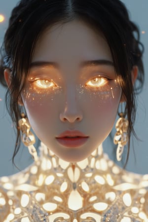 close,  woman with glowing eyes and hair in white gold jewelry, light painting, futuristic digital, realistic sci-fi, lights, gold filigree, diamond, ethereal, misty, holographic, white sky on background,glitter,black hair