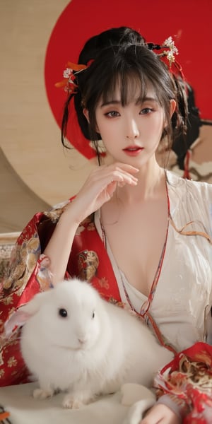 A young woman in a beautiful white kimono sits on a soft, patterned fabric. She is adorned with delicate floral hair ornaments and a red tassel hangs from her waist. Her expression is serene and elegant, her gaze directed towards the viewer. A white rabbit sits beside her, adding a touch of innocence and charm to the scene. The background features a large red circle and a traditional Chinese character, creating a sense of cultural richness and mystique. [Photorealistic portrait, inspired by the works of Annie Leibovitz and Steve McCurry], [Soft, natural light, focus on the woman's face and her elegant pose, blurred background with a sense of depth, textured surfaces, a sense of cultural heritage and beauty], Hanfu, KOLNB, Ahri,Auguste Renoir ~ Paul Peel ~ John Singer Sargent ~ Alexandre-Jacques Chantron ~ John William Godward ~ John William Waterhouse ~ Han-Wu Shen ~ Ishitaka Amano ~ Chakrapan Posayakrit ~ Kim Jung Gi ~ Kei Mieno ~ Ikushima Hiroshi ~ WLOP ~ William-Adolphe Bouguereau ~ Alphonse Mucha ~Luis Royo ~ Range Murata ~ Jock Sturges photography ~ David Hamillton photography,sparkles,,surreal,Pingping_hubggirl