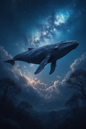 Fantasy Ultra Realistic High Detailed 8K Image, mythical creature like a super-large terrifying whale swimming in the sky, Multiverse tree beside it, beautiful galaxy aurora view, night, bright, CG, landscape, close-up shot, focused on whale and tree, cosmic lighting, dynamic composition, capturing the surreal scene, immersive environment blending celestial, mythical, and fantastical elements.