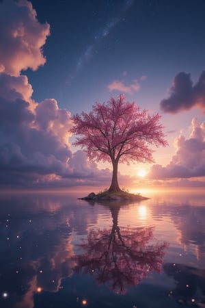 A wide angle visualization of a mystical scene of a sunset, showing a starry night filled with clouds, there is a reflection of a sakura tree in the sea in the center, illuminated by fireflies, an epic moment of quiet contemplation and understanding the meaning of your journey. highly detailed, uhd anime wallpaper, digital animation, epic, beautifully pictorial,