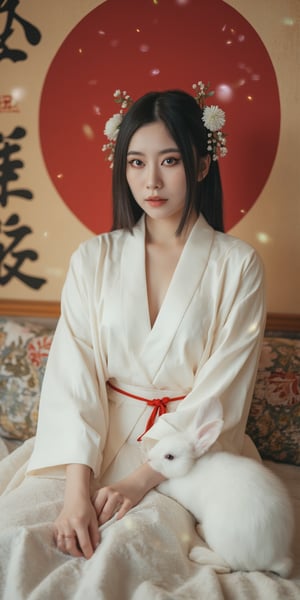 A young woman in a beautiful white kimono sits on a soft, patterned fabric. She is adorned with delicate floral hair ornaments and a red tassel hangs from her waist. Her expression is serene and elegant, her gaze directed towards the viewer. A white rabbit sits beside her, adding a touch of innocence and charm to the scene. The background features a large red circle and a traditional Chinese character, creating a sense of cultural richness and mystique. [Photorealistic portrait, inspired by the works of Annie Leibovitz and Steve McCurry], [Soft, natural light, focus on the woman's face and her elegant pose, blurred background with a sense of depth, textured surfaces, a sense of cultural heritage and beauty], Hanfu, KOLNB, Ahri,Auguste Renoir ~ Paul Peel ~ John Singer Sargent ~ Alexandre-Jacques Chantron ~ John William Godward ~ John William Waterhouse ~ Han-Wu Shen ~ Ishitaka Amano ~ Chakrapan Posayakrit ~ Kim Jung Gi ~ Kei Mieno ~ Ikushima Hiroshi ~ WLOP ~ William-Adolphe Bouguereau ~ Alphonse Mucha ~Luis Royo ~ Range Murata ~ Jock Sturges photography ~ David Hamillton photography,sparkles,,surreal