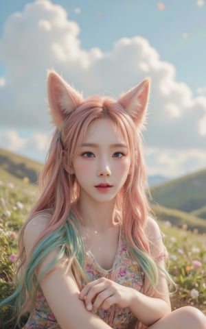 A  bright-eyed girl with vibrant rainbow-colored twin tails styled in loose, flowing waves. Her ears are adorned with delicate fox-shaped earpieces, complete with fluffy fur details.  Fox-tailS wraps around her waist, its soft fur catching the warm light of a sunny day. She sits cross-legged on a grassy hillside, surrounded by wildflowers and a backdrop of fluffy white clouds and rianbows.