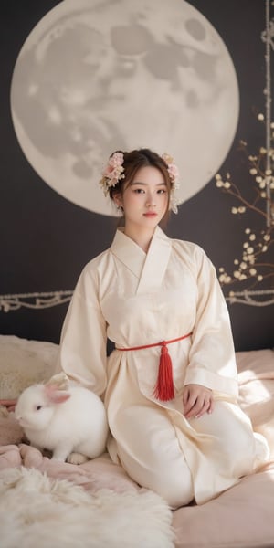 A young woman in a beautiful white hanfu sits on a soft, patterned fabric. She is adorned with delicate floral hair ornaments and a red tassel hangs from her waist. Her expression is serene and elegant, her gaze directed towards the viewer. A white rabbit sits beside her, adding a touch of innocence and charm to the scene. The background features a large moon, creating a sense of cultural richness and mystique. 