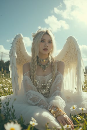 The Divine Maiden seated on a billowy cloud, long blonde braids cascading elegantly, striking grey eyes sparkling with ethereal wisdom, snow-white luminous skin radiating an otherworldly glow, transparent veil adorned with shimmering crystals fluttering gently, delicate and airy divine garments layered with elements of crystal, intricate gold bracelets adorning arms and legs, magnificent angel wings unfurling in pure light, vibrant sun rays filtering through, illuminating her presence, lush floral meadow beneath, creating an atmosphere of serene love and tranquility, wide-angle view showcasing the heavenly realm.