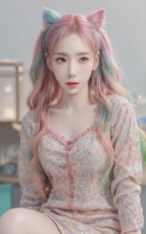 A girl with rainbow-colored twintails and foxears and fox tails.,Taeyeon 