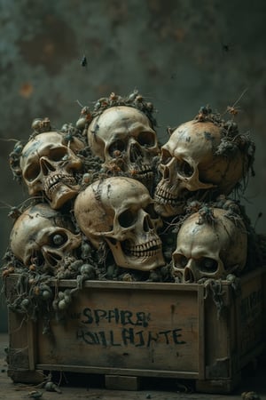 masterpiece, 8k, HDR, 3 D, best quality, photography, analog style, real life, extremely beautiful, (highly detailed, intricately detailed), An image of a crate with different skulls, with different insects crawling on them, worms, flies, larvae, putrid brown-grey background, sharp, perfect composition


Skeletons From Abyss,
The box says "Spare parts"