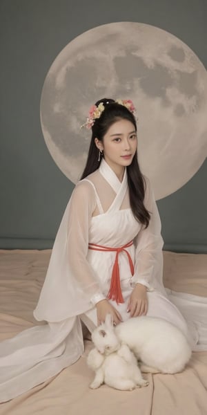 A young woman in a beautiful white hanfu sits on a soft, patterned fabric. She is adorned with delicate floral hair ornaments and a red tassel hangs from her waist. Her expression is serene and elegant, her gaze directed towards the viewer. A white rabbit sits beside her, adding a touch of innocence and charm to the scene. The background features a large moon, creating a sense of cultural richness and mystique. 