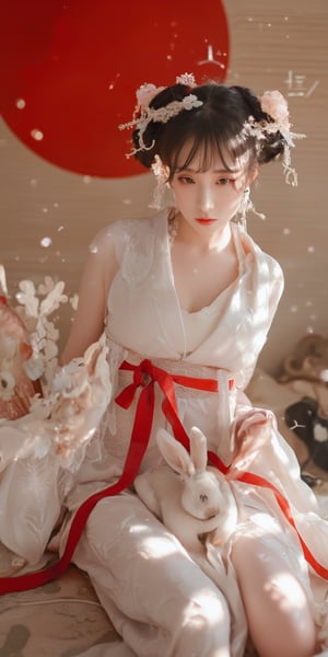 A young woman in a beautiful white kimono sits on a soft, patterned fabric. She is adorned with delicate floral hair ornaments and a red tassel hangs from her waist. Her expression is serene and elegant, her gaze directed towards the viewer. A white rabbit sits beside her, adding a touch of innocence and charm to the scene. The background features a large red circle and a traditional Chinese character, creating a sense of cultural richness and mystique. [Photorealistic portrait, inspired by the works of Annie Leibovitz and Steve McCurry], [Soft, natural light, focus on the woman's face and her elegant pose, blurred background with a sense of depth, textured surfaces, a sense of cultural heritage and beauty], Hanfu, KOLNB, Ahri,Auguste Renoir ~ Paul Peel ~ John Singer Sargent ~ Alexandre-Jacques Chantron ~ John William Godward ~ John William Waterhouse ~ Han-Wu Shen ~ Ishitaka Amano ~ Chakrapan Posayakrit ~ Kim Jung Gi ~ Kei Mieno ~ Ikushima Hiroshi ~ WLOP ~ William-Adolphe Bouguereau ~ Alphonse Mucha ~Luis Royo ~ Range Murata ~ Jock Sturges photography ~ David Hamillton photography,sparkles,,surreal