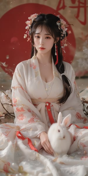 A young woman in a beautiful white kimono sits on a soft, patterned fabric. She is adorned with delicate floral hair ornaments and a red tassel hangs from her waist. Her expression is serene and elegant, her gaze directed towards the viewer. A white rabbit sits beside her, adding a touch of innocence and charm to the scene. The background features a large red circle and a traditional Chinese character, creating a sense of cultural richness and mystique. [Photorealistic portrait, inspired by the works of Annie Leibovitz and Steve McCurry], [Soft, natural light, focus on the woman's face and her elegant pose, blurred background with a sense of depth, textured surfaces, a sense of cultural heritage and beauty], Hanfu, KOLNB, Ahri,Auguste Renoir ~ Paul Peel ~ John Singer Sargent ~ Alexandre-Jacques Chantron ~ John William Godward ~ John William Waterhouse ~ Han-Wu Shen ~ Ishitaka Amano ~ Chakrapan Posayakrit ~ Kim Jung Gi ~ Kei Mieno ~ Ikushima Hiroshi ~ WLOP ~ William-Adolphe Bouguereau ~ Alphonse Mucha ~Luis Royo ~ Range Murata ~ Jock Sturges photography ~ David Hamillton photography,sparkles,,surreal