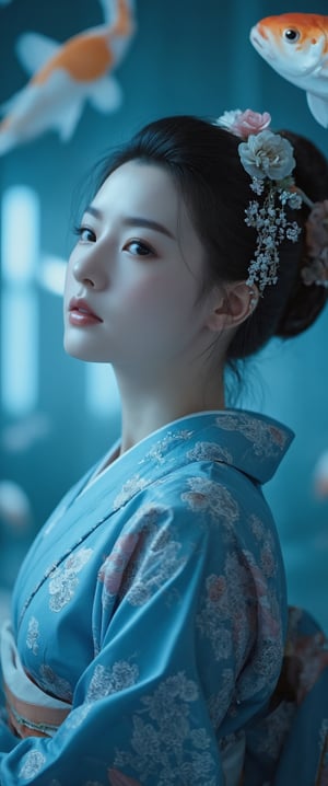 Photo, realistic, light refraction, llngsh AND 1920s geisha, face, brunette, kimono goldfish look like they are swimming in the air, deep blue and light blue gradation, very beautiful, cool feeling piece,  