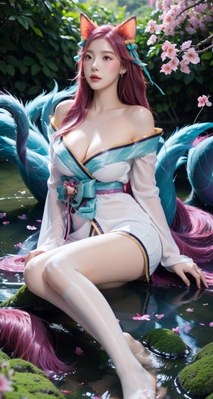 vibrant colors, female, masterpiece, sharp focus, best quality, depth of field, cinematic lighting, ((solo, one woman )), (illustration, 8k CG, extremely detailed), masterpiece, ultra-detailed,solo, pink eyes, ribbon, purple hair, pink hair,gradient hair,longhair ,pink pupil,  alternate hairstyle, sexy,Big boobs,cleavage,exposed,translucent clothes,no black clothes,sweat,pink nipples,tails,fox tails,very long hair,Nine-tailed fox ,Nine-tailed fox 


the background is a Japanese garden full of blooming cherry blossoms,creating an atmosphere of zen and peaceful, full of sunshine,long hair, (white fox ears, three tailed fox,), white earring, (full length),