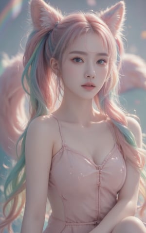 A girl with rainbow-colored twintails and foxears and fox tails. Pink eyeshadow 