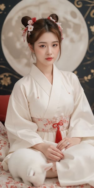 A young woman in a beautiful white hanfu sits on a soft, patterned fabric. She is adorned with delicate floral hair ornaments and a red tassel hangs from her waist. Her expression is serene and elegant, her gaze directed towards the viewer. A white rabbit sits beside her, adding a touch of innocence and charm to the scene. The background features a large moon, creating a sense of cultural richness and mystique. 