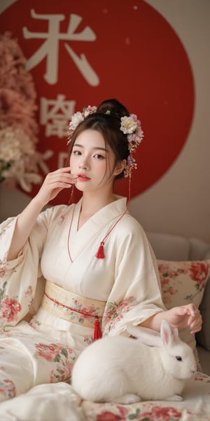 A young woman in a beautiful white kimono sits on a soft, patterned fabric. She is adorned with delicate floral hair ornaments and a red tassel hangs from her waist. Her expression is serene and elegant, her gaze directed towards the viewer. A white rabbit sits beside her, adding a touch of innocence and charm to the scene. The background features a large red circle and a traditional Chinese character, creating a sense of cultural richness and mystique. [Photorealistic portrait, inspired by the works of Annie Leibovitz and Steve McCurry], [Soft, natural light, focus on the woman's face and her elegant pose, blurred background with a sense of depth, textured surfaces, a sense of cultural heritage and beauty], Hanfu, KOLNB, Ahri,Auguste Renoir ~ Paul Peel ~ John Singer Sargent ~ Alexandre-Jacques Chantron ~ John William Godward ~ John William Waterhouse ~ Han-Wu Shen ~ Ishitaka Amano ~ Chakrapan Posayakrit ~ Kim Jung Gi ~ Kei Mieno ~ Ikushima Hiroshi ~ WLOP ~ William-Adolphe Bouguereau ~ Alphonse Mucha ~Luis Royo ~ Range Murata ~ Jock Sturges photography ~ David Hamillton photography,sparkles,,surreal