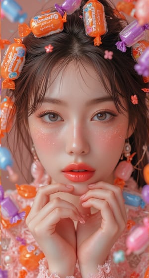 A striking portrait of a young woman with an intense yet sweet gaze. She is surrounded by colorful Lacasito candies in a dreamy setting. The color palette features pastel shades of orange and purple, creating a whimsical and surreal atmosphere. The woman's expression conveys a blend of warmth and intrigue, while the candies add a playful and vibrant touch to the composition.
