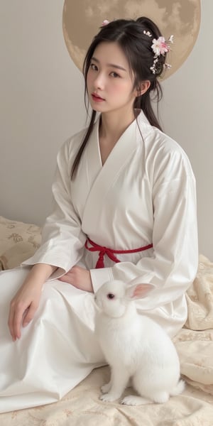 A young woman in a beautiful white hanfu sits on a soft, patterned fabric. She is adorned with delicate floral hair ornaments and a red tassel hangs from her waist. Her expression is serene and elegant, her gaze directed towards the viewer. A white rabbit sits beside her, adding a touch of innocence and charm to the scene. The background features a large moon, creating a sense of cultural richness and mystique. 