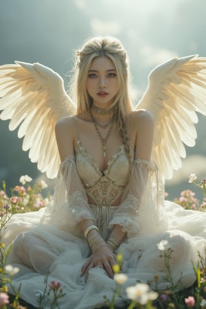 The Divine Maiden seated on a billowy cloud, long blonde braids cascading elegantly, striking grey eyes sparkling with ethereal wisdom, snow-white luminous skin radiating an otherworldly glow, transparent veil adorned with shimmering crystals fluttering gently, delicate and airy divine garments layered with elements of crystal, intricate gold bracelets adorning arms and legs, magnificent angel wings unfurling in pure light, vibrant sun rays filtering through, illuminating her presence, lush floral meadow beneath, creating an atmosphere of serene love and tranquility, wide-angle view showcasing the heavenly realm.