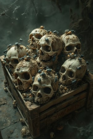 masterpiece, 8k, HDR, 3 D, best quality, photography, analog style, real life, extremely beautiful, (highly detailed, intricately detailed), An image of a crate with different skulls, with different insects crawling on them, worms, flies, larvae, putrid brown-grey background, sharp, perfect composition


Skeletons From Abyss,
The box says "Spare parts"