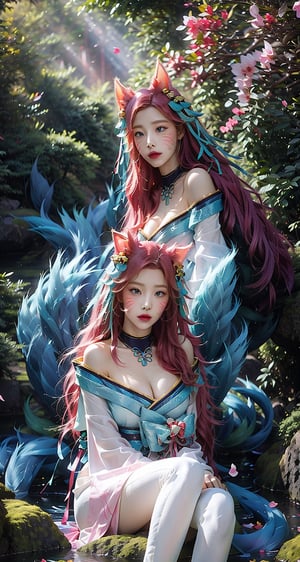 vibrant colors, female, masterpiece, sharp focus, best quality, depth of field, cinematic lighting, ((solo, one woman )), (illustration, 8k CG, extremely detailed), masterpiece, ultra-detailed,solo, pink eyes, ribbon, purple hair, pink hair,gradient hair,longhair ,very long hair,pink pupil,  alternate hairstyle, sexy,Big boobs,cleavage,exposed,translucent clothes,no black clothes,sweat,pink nipples


the background is a Japanese garden full of blooming cherry blossoms,creating an atmosphere of zen and peaceful, full of sunshine,long hair, (white fox ears, three tailed fox,), white earring, (full length),