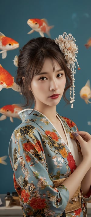 Photo, realistic, light refraction, llngsh AND 1920s geisha, face, brunette, kimono goldfish look like they are swimming in the air, deep blue and light blue gradation, very beautiful, cool feeling piece,  