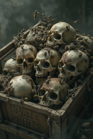 masterpiece, 8k, HDR, 3 D, best quality, photography, analog style, real life, extremely beautiful, (highly detailed, intricately detailed), An image of a crate with different skulls, with different insects crawling on them, worms, flies, larvae, putrid brown-grey background, sharp, perfect composition


Skeletons From Abyss,
The box says "Spare parts"