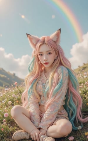 A  bright-eyed girl with vibrant rainbow-colored twin tails styled in loose, flowing waves. Her ears are adorned with delicate fox-shaped earpieces, complete with fluffy fur details.  Fox-tailS wraps around her waist, its soft fur catching the warm light of a sunny day. She sits cross-legged on a grassy hillside, surrounded by wildflowers and a backdrop of fluffy white clouds and rianbows.