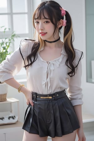 A sweet and sassy gyaru girl! In a cowboy-inspired shot, she's posed with one hip cocked and her long, multicolored hair flowing down her back. The gradient effect on her locks creates a striking contrast against the white shirt with a collared neckline, striped sleeves, and a bowtie at the front. A black choker adorns her neck, and her eyes sparkle with a blush as she flashes a bright smile. Her blonde bangs frame her face, and a pink hair ornament in the shape of a heart sits atop her ponytail. She wears a pleated skirt that's hiked up around her waist, revealing her thigh-high socks and black patent leather shoes. A pink bow adorns her collarbone, and a bracelet wraps around her wrist, drawing attention to her tattooed facial mark. The overall effect is playful, flirtatious, and utterly captivating.