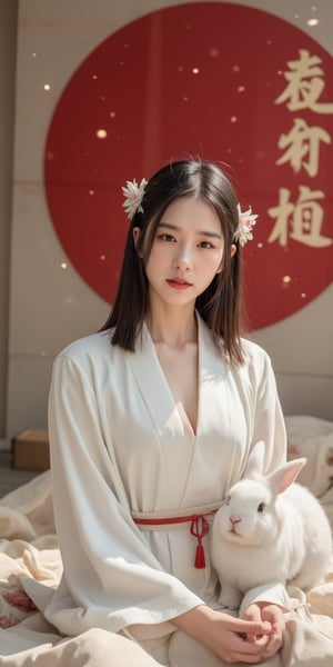 A young woman in a beautiful white kimono sits on a soft, patterned fabric. She is adorned with delicate floral hair ornaments and a red tassel hangs from her waist. Her expression is serene and elegant, her gaze directed towards the viewer. A white rabbit sits beside her, adding a touch of innocence and charm to the scene. The background features a large red circle and a traditional Chinese character, creating a sense of cultural richness and mystique. [Photorealistic portrait, inspired by the works of Annie Leibovitz and Steve McCurry], [Soft, natural light, focus on the woman's face and her elegant pose, blurred background with a sense of depth, textured surfaces, a sense of cultural heritage and beauty], Hanfu, KOLNB, Ahri,Auguste Renoir ~ Paul Peel ~ John Singer Sargent ~ Alexandre-Jacques Chantron ~ John William Godward ~ John William Waterhouse ~ Han-Wu Shen ~ Ishitaka Amano ~ Chakrapan Posayakrit ~ Kim Jung Gi ~ Kei Mieno ~ Ikushima Hiroshi ~ WLOP ~ William-Adolphe Bouguereau ~ Alphonse Mucha ~Luis Royo ~ Range Murata ~ Jock Sturges photography ~ David Hamillton photography,sparkles,,surreal