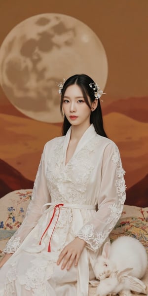 A young woman in a beautiful white hanfu sits on a soft, patterned fabric. She is adorned with delicate floral hair ornaments and a red tassel hangs from her waist. Her expression is serene and elegant, her gaze directed towards the viewer. A white rabbit sits beside her, adding a touch of innocence and charm to the scene. The background features a large moon, creating a sense of cultural richness and mystique. 