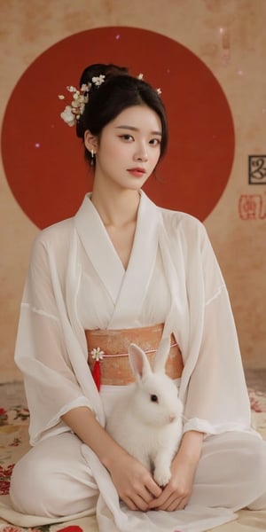 A young woman in a beautiful white kimono sits on a soft, patterned fabric. She is adorned with delicate floral hair ornaments and a red tassel hangs from her waist. Her expression is serene and elegant, her gaze directed towards the viewer. A white rabbit sits beside her, adding a touch of innocence and charm to the scene. The background features a large red circle and a traditional Chinese character, creating a sense of cultural richness and mystique. [Photorealistic portrait, inspired by the works of Annie Leibovitz and Steve McCurry], [Soft, natural light, focus on the woman's face and her elegant pose, blurred background with a sense of depth, textured surfaces, a sense of cultural heritage and beauty], Hanfu, KOLNB, Ahri,Auguste Renoir ~ Paul Peel ~ John Singer Sargent ~ Alexandre-Jacques Chantron ~ John William Godward ~ John William Waterhouse ~ Han-Wu Shen ~ Ishitaka Amano ~ Chakrapan Posayakrit ~ Kim Jung Gi ~ Kei Mieno ~ Ikushima Hiroshi ~ WLOP ~ William-Adolphe Bouguereau ~ Alphonse Mucha ~Luis Royo ~ Range Murata ~ Jock Sturges photography ~ David Hamillton photography,sparkles,,surreal