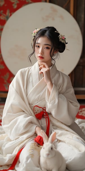 A young woman in a beautiful white hanfu sits on a soft, patterned fabric. She is adorned with delicate floral hair ornaments and a red tassel hangs from her waist. Her expression is serene and elegant, her gaze directed towards the viewer. A white rabbit sits beside her, adding a touch of innocence and charm to the scene. The background features a large moon, creating a sense of cultural richness and mystique. 