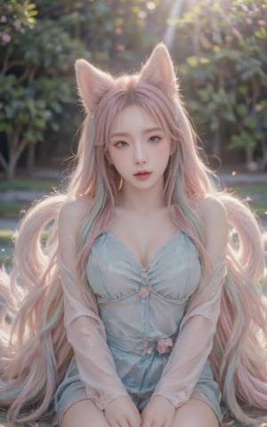 A girl with rainbow twintails and foxears and fox tails. 