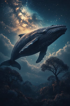 Fantasy Ultra Realistic High Detailed 8K Image, mythical creature like a super-large terrifying whale swimming in the sky, Multiverse tree beside it, beautiful galaxy aurora view, night, bright, CG, landscape, close-up shot, focused on whale and tree, cosmic lighting, dynamic composition, capturing the surreal scene, immersive environment blending celestial, mythical, and fantastical elements.