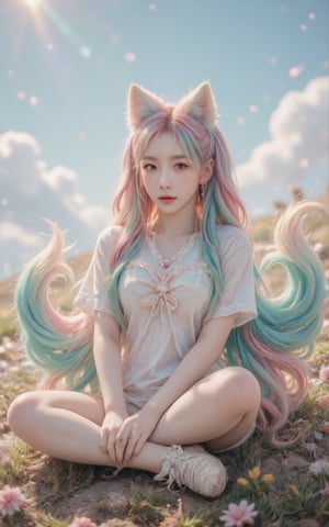 A  bright-eyed girl with vibrant rainbow-colored twin tails styled in loose, flowing waves. Her ears are adorned with delicate fox-shaped earpieces, complete with fluffy fur details.  Fox-tailS wraps around her waist, its soft fur catching the warm light of a sunny day. She sits cross-legged on a grassy hillside, surrounded by wildflowers and a backdrop of fluffy white clouds.