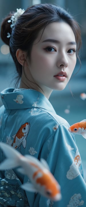 Photo, realistic, light refraction, llngsh AND 1920s geisha, face, brunette, kimono goldfish look like they are swimming in the air, deep blue and light blue gradation, very beautiful, cool feeling piece,  