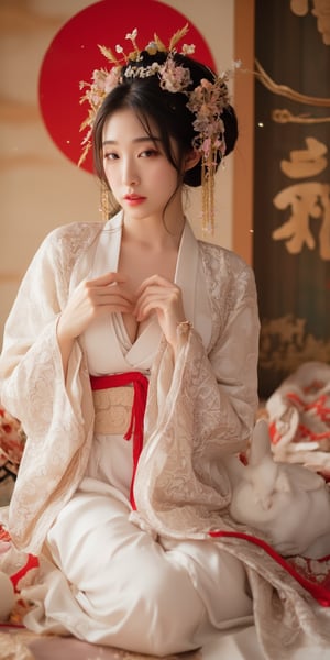 A young woman in a beautiful white kimono sits on a soft, patterned fabric. She is adorned with delicate floral hair ornaments and a red tassel hangs from her waist. Her expression is serene and elegant, her gaze directed towards the viewer. A white rabbit sits beside her, adding a touch of innocence and charm to the scene. The background features a large red circle and a traditional Chinese character, creating a sense of cultural richness and mystique. [Photorealistic portrait, inspired by the works of Annie Leibovitz and Steve McCurry], [Soft, natural light, focus on the woman's face and her elegant pose, blurred background with a sense of depth, textured surfaces, a sense of cultural heritage and beauty], Hanfu, KOLNB, Ahri,Auguste Renoir ~ Paul Peel ~ John Singer Sargent ~ Alexandre-Jacques Chantron ~ John William Godward ~ John William Waterhouse ~ Han-Wu Shen ~ Ishitaka Amano ~ Chakrapan Posayakrit ~ Kim Jung Gi ~ Kei Mieno ~ Ikushima Hiroshi ~ WLOP ~ William-Adolphe Bouguereau ~ Alphonse Mucha ~Luis Royo ~ Range Murata ~ Jock Sturges photography ~ David Hamillton photography,sparkles,,surreal