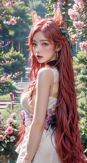 vibrant colors, female, masterpiece, sharp focus, best quality, depth of field, cinematic lighting, ((solo, one woman )), (illustration, 8k CG, extremely detailed), masterpiece, ultra-detailed,solo, pink eyes, ribbon, purple hair, pink hair,very long hair,gradient hair,longhair ,pink pupil,  alternate hairstyle, sexy,Big boobs,cleavage,exposed,translucent clothes,no black clothes,sweat,pink nipples


the background is a Japanese garden full of blooming cherry blossoms,creating an atmosphere of zen and peaceful, full of sunshine,long hair, (white fox ears, three tailed fox,), white earring, (full length),