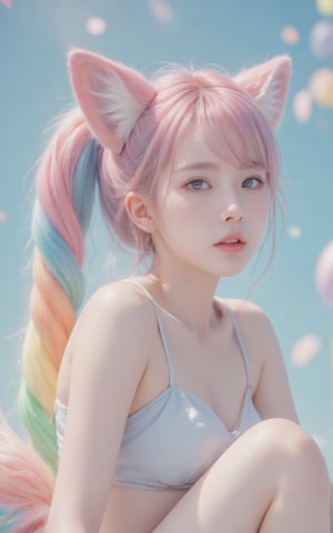 A girl with rainbow-colored twintails and foxears and fox tails. 