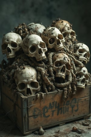 masterpiece, 8k, HDR, 3 D, best quality, photography, analog style, real life, extremely beautiful, (highly detailed, intricately detailed), An image of a crate with different skulls, with different insects crawling on them, worms, flies, larvae, putrid brown-grey background, sharp, perfect composition


Skeletons From Abyss,
The box says "Spare parts"