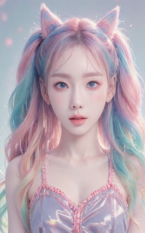 A girl with rainbow-colored twintails and foxears and fox tails.,Taeyeon 