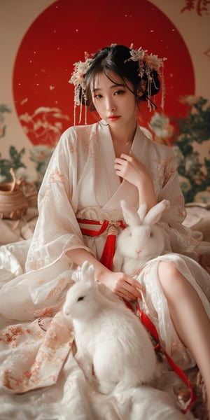 A young woman in a beautiful white kimono sits on a soft, patterned fabric. She is adorned with delicate floral hair ornaments and a red tassel hangs from her waist. Her expression is serene and elegant, her gaze directed towards the viewer. A white rabbit sits beside her, adding a touch of innocence and charm to the scene. The background features a large red circle and a traditional Chinese character, creating a sense of cultural richness and mystique. [Photorealistic portrait, inspired by the works of Annie Leibovitz and Steve McCurry], [Soft, natural light, focus on the woman's face and her elegant pose, blurred background with a sense of depth, textured surfaces, a sense of cultural heritage and beauty], Hanfu, KOLNB, Ahri,Auguste Renoir ~ Paul Peel ~ John Singer Sargent ~ Alexandre-Jacques Chantron ~ John William Godward ~ John William Waterhouse ~ Han-Wu Shen ~ Ishitaka Amano ~ Chakrapan Posayakrit ~ Kim Jung Gi ~ Kei Mieno ~ Ikushima Hiroshi ~ WLOP ~ William-Adolphe Bouguereau ~ Alphonse Mucha ~Luis Royo ~ Range Murata ~ Jock Sturges photography ~ David Hamillton photography,sparkles,,surreal