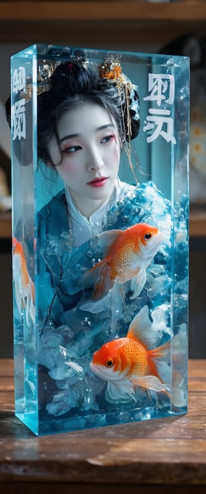 Photo, realistic, light refraction, ((acrylic with goldfish illustration embedded in desk)),  llngsh AND 1920s geisha, face, brunette, kimono goldfish look like they are swimming in Chinese letter panterns that spell ni hao, deep blue and light blue gradation, very beautiful, cool feeling piece,  