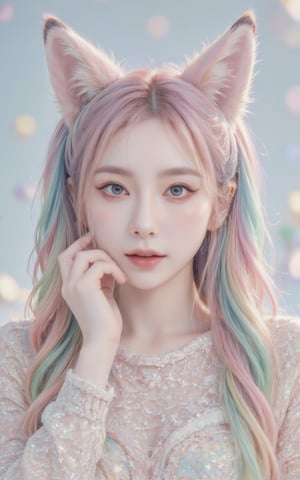 A girl with rainbow twintails and foxears and fox tails. 