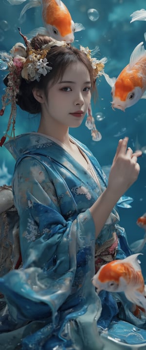 Photo, realistic, light refraction, llngsh AND 1920s geisha, face, brunette, kimono goldfish look like they are swimming in the air, deep blue and light blue gradation, very beautiful, cool feeling piece,  