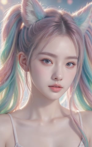 A girl with rainbow-colored twintails and foxears and fox tails. Pink eyeshadow 