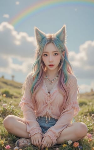 A  bright-eyed girl with vibrant rainbow-colored twin tails styled in loose, flowing waves. Her ears are adorned with delicate fox-shaped earpieces, complete with fluffy fur details.  Fox-tailS wraps around her waist, its soft fur catching the warm light of a sunny day. She sits cross-legged on a grassy hillside, surrounded by wildflowers and a backdrop of fluffy white clouds and rianbows.