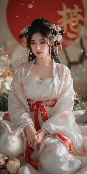 A young woman in a beautiful white kimono sits on a soft, patterned fabric. She is adorned with delicate floral hair ornaments and a red tassel hangs from her waist. Her expression is serene and elegant, her gaze directed towards the viewer. A white rabbit sits beside her, adding a touch of innocence and charm to the scene. The background features a large red circle and a traditional Chinese character, creating a sense of cultural richness and mystique. [Photorealistic portrait, inspired by the works of Annie Leibovitz and Steve McCurry], [Soft, natural light, focus on the woman's face and her elegant pose, blurred background with a sense of depth, textured surfaces, a sense of cultural heritage and beauty], Hanfu, KOLNB, Ahri,Auguste Renoir ~ Paul Peel ~ John Singer Sargent ~ Alexandre-Jacques Chantron ~ John William Godward ~ John William Waterhouse ~ Han-Wu Shen ~ Ishitaka Amano ~ Chakrapan Posayakrit ~ Kim Jung Gi ~ Kei Mieno ~ Ikushima Hiroshi ~ WLOP ~ William-Adolphe Bouguereau ~ Alphonse Mucha ~Luis Royo ~ Range Murata ~ Jock Sturges photography ~ David Hamillton photography,sparkles,,surreal