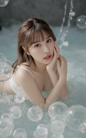 A stunning female model with an enhanced bust size poses provocatively amidst a whimsical setting, surrounded by ethereal water orbs that seem to defy gravity. Soft focus and gentle lighting envelop her refined facial structure and luscious locks, drawing attention to her captivating gaze. The shimmering, translucent spheres create an air of enchantment as she emerges from the sea of floating bubbles.